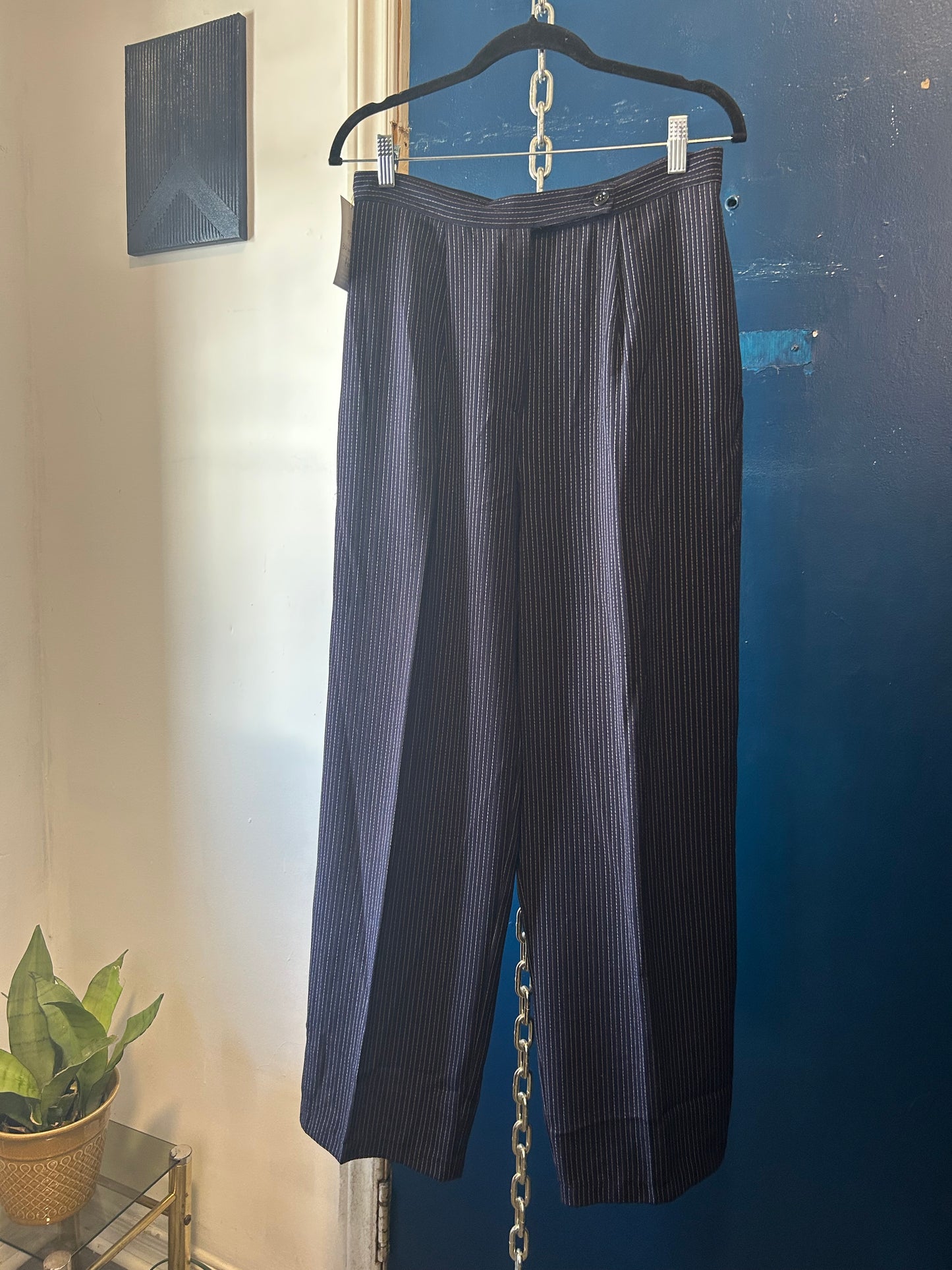 90’s Vintage Navy Pinstripe Straight Leg Trousers / 30 Waist