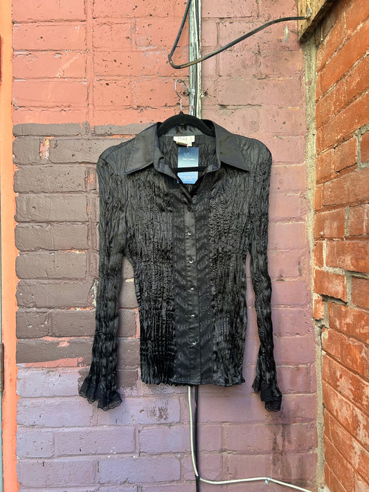 90’s Vintage Black Satin & Lace Crinkle Blouse / Size M