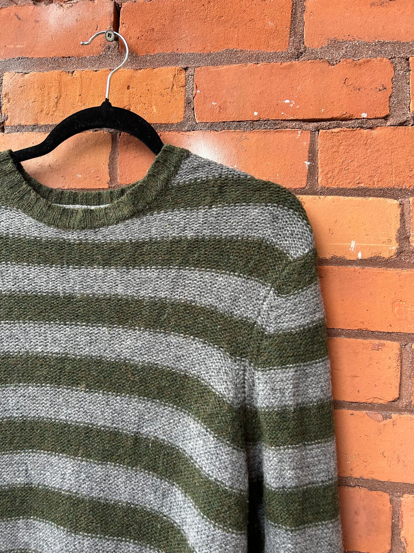 90’s Vintage Grey & Green Striped Wool Sweater / Size L