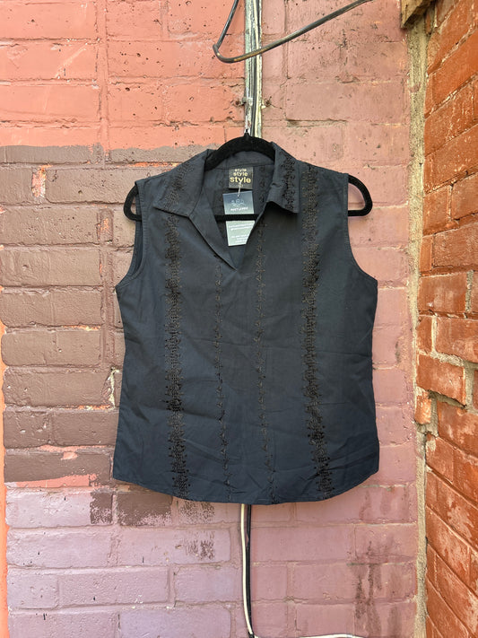 90's Vintage Black Cotton Eyelet Sleeveless Blouse / Size S
