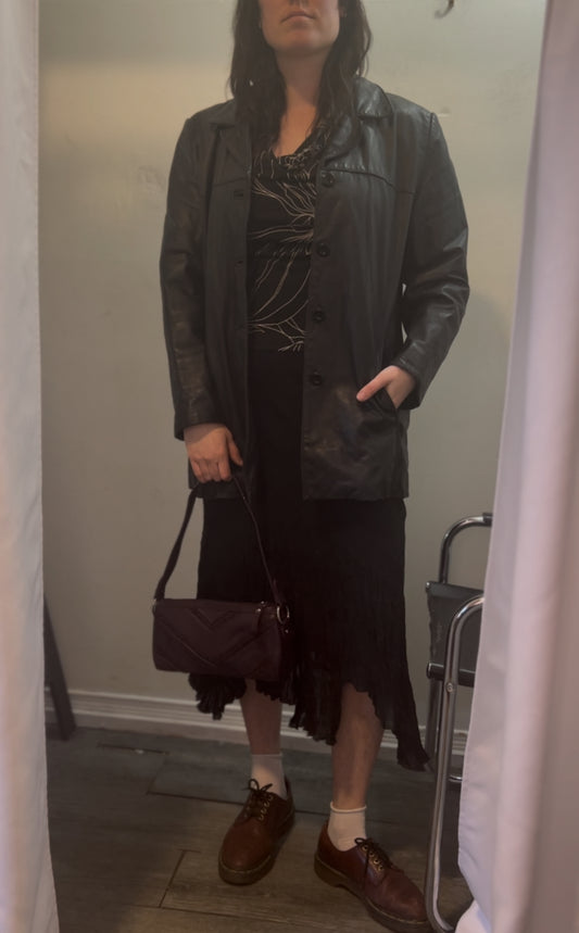 90’s Vintage Classic Black Leather Button Down Jacket / Size XXL