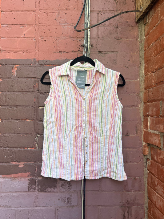 90's Vintage Rainbow & White Linen Blend Sleeveless Blouse / Size S