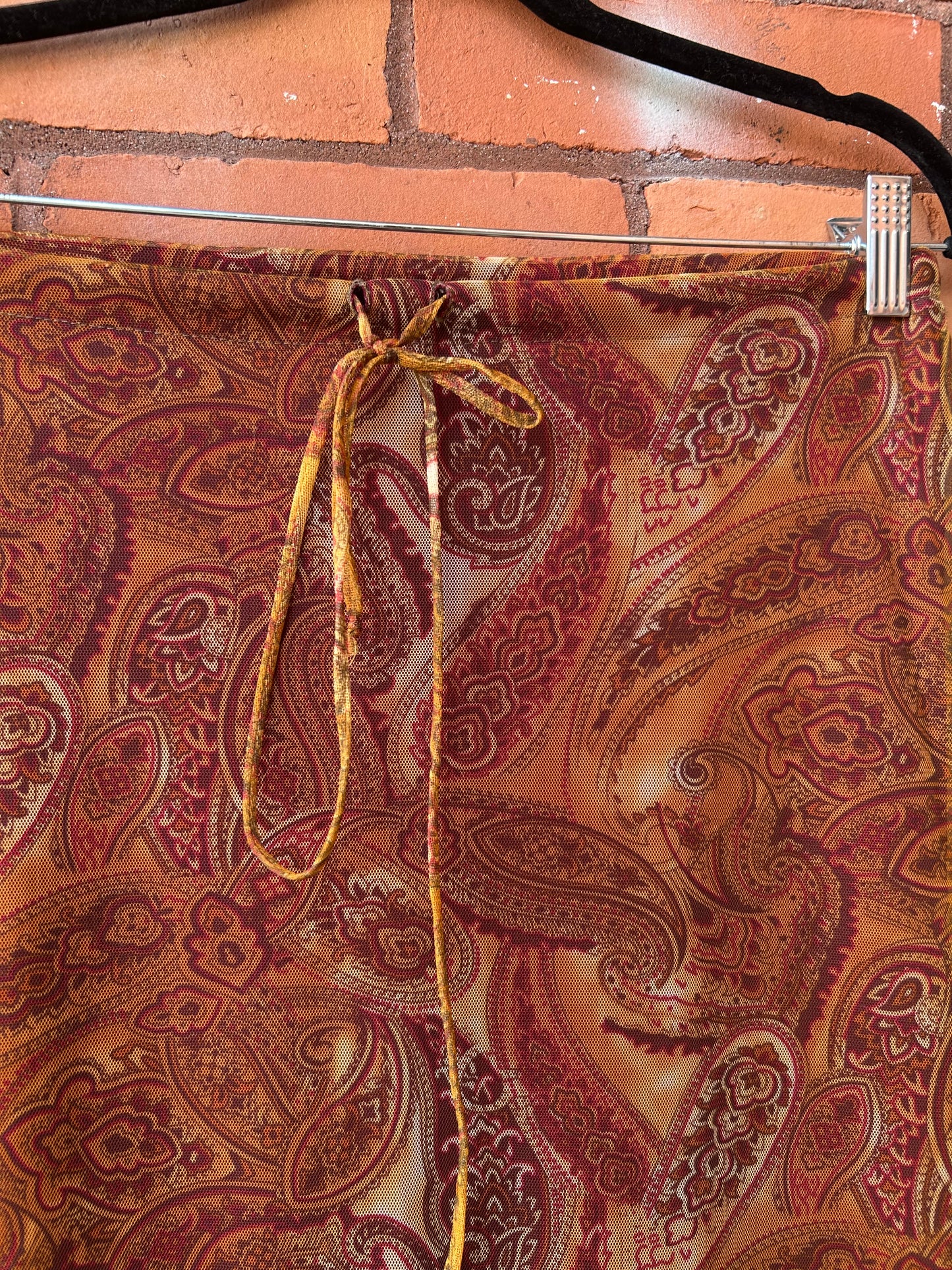 90’s Vintage Orange Paisley Mesh Over lay Midi Skirt / 32-36 Waist