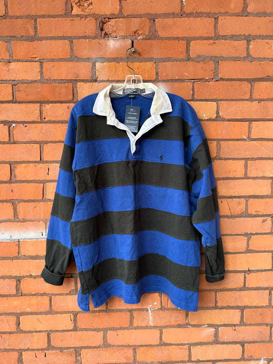 Y2K Vintage Ralph Lauren Blue Striped Rugby Polo Shirt / Size XL
