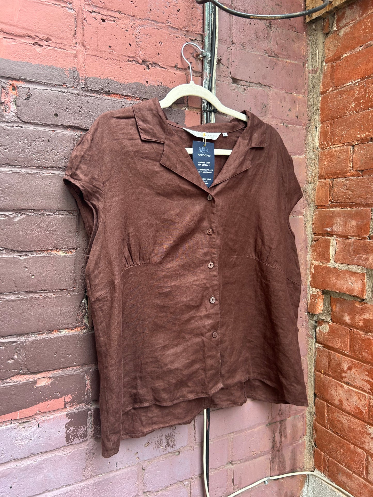 Y2K Vintage Brown Linen Cap Sleeve Blouse / Size XL