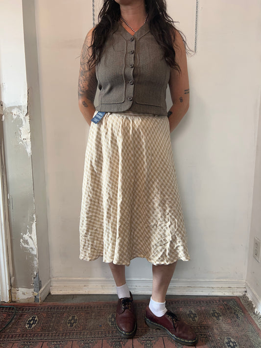 90’s Vintage Beige & White Gingham A-line Midi Skirt / 24 - 30 Waist