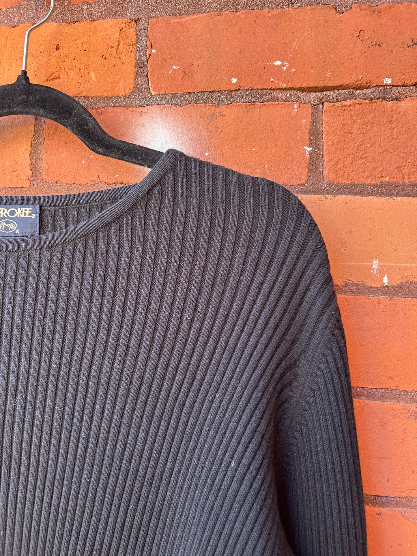 90’s Vintage Ribbed Black Cotton Knit Longsleeve / Size L