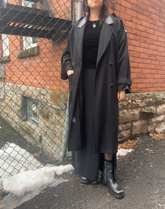 90’s Vintage Black Wool & Leather Over Coat / Size M