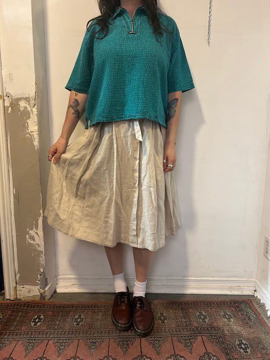 90’s Vintage Teal Cotton Quarter Zip Boxy Short Sleeve Blouse / Size L