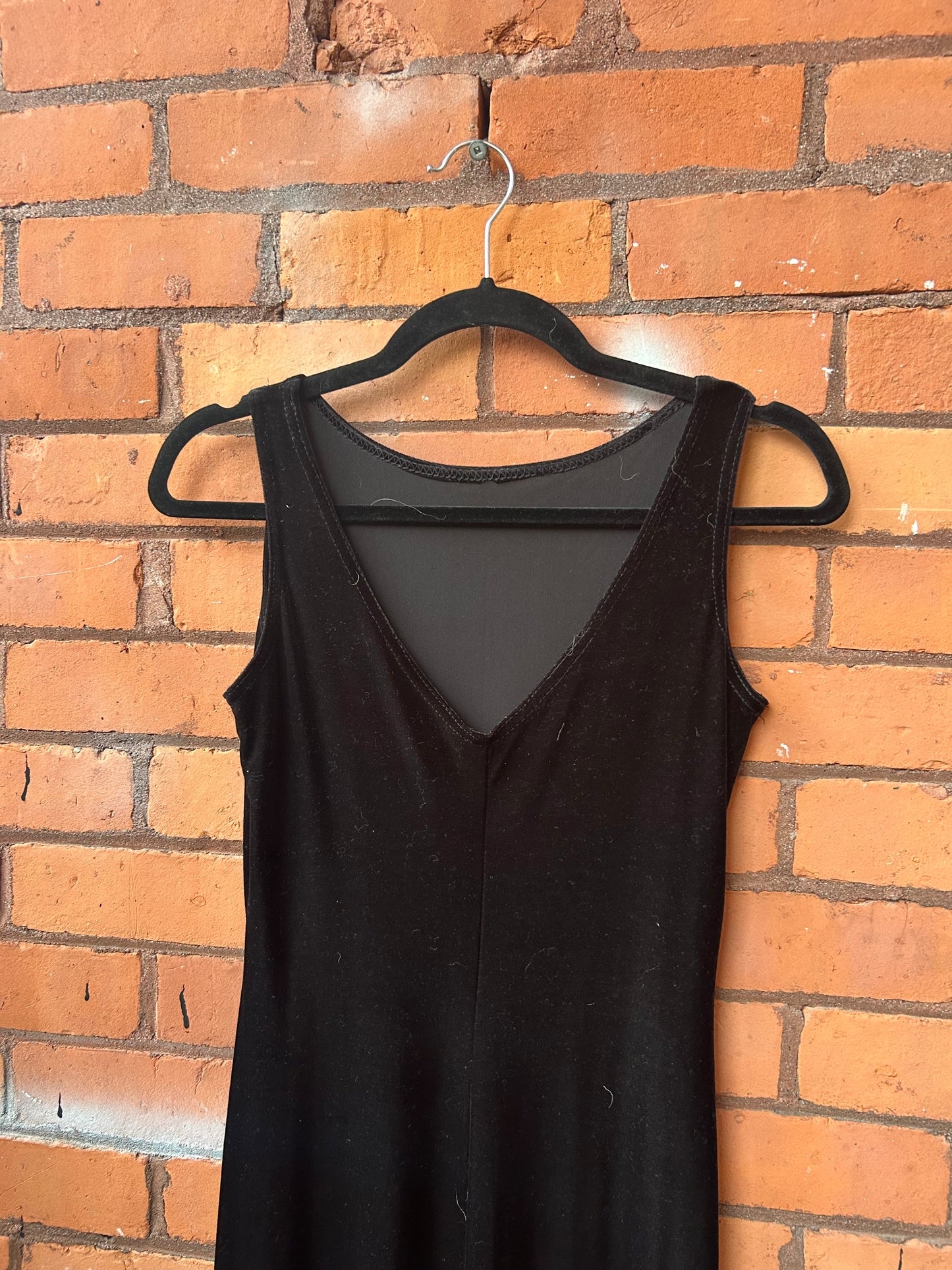 90’s Vintage Black Velvet High Neck Maxi Dress / Size 4-6