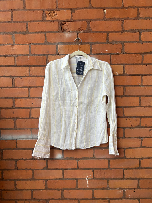 Y2K Vintage White & Yellow Striped Linen Button Down Shirt / Size M