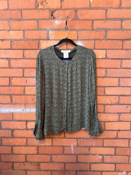 90’s Green & Black Floral Ruffle Sleeve Button Down Blouse / Size L