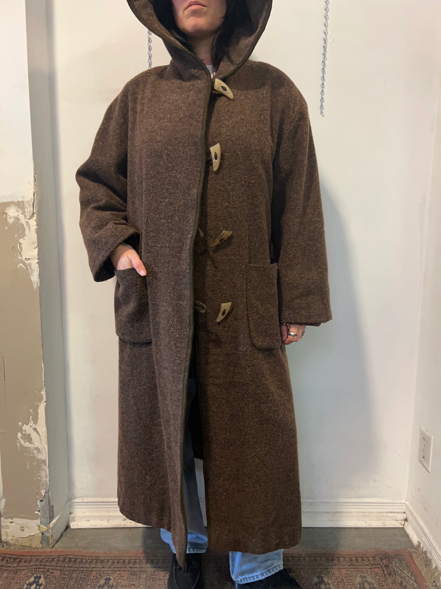 90’s Vintage Brown Wool Cashmere Hooded Overcoat / Size XXL