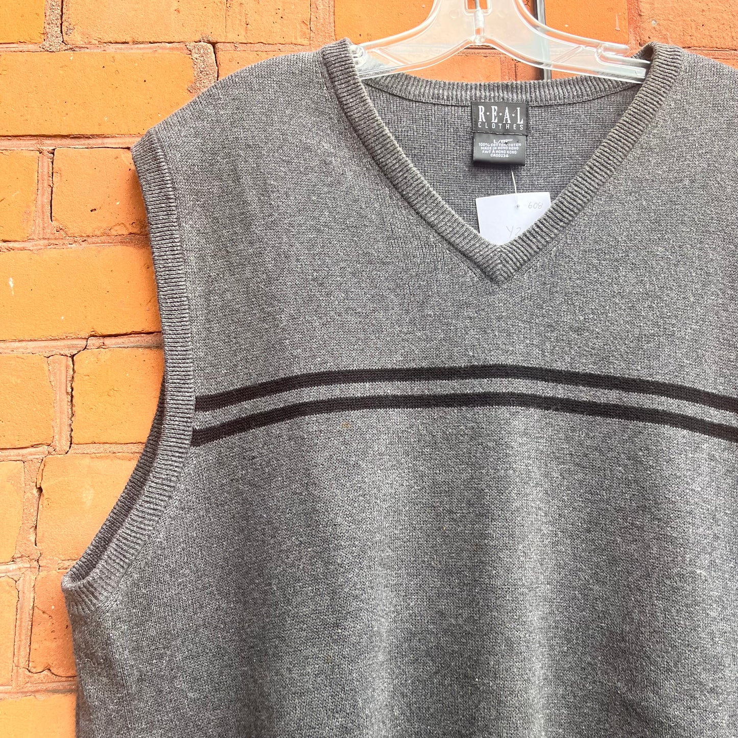 Y2K Vintage Grey & Black Striped Cotton Sweater Vest / Size XL