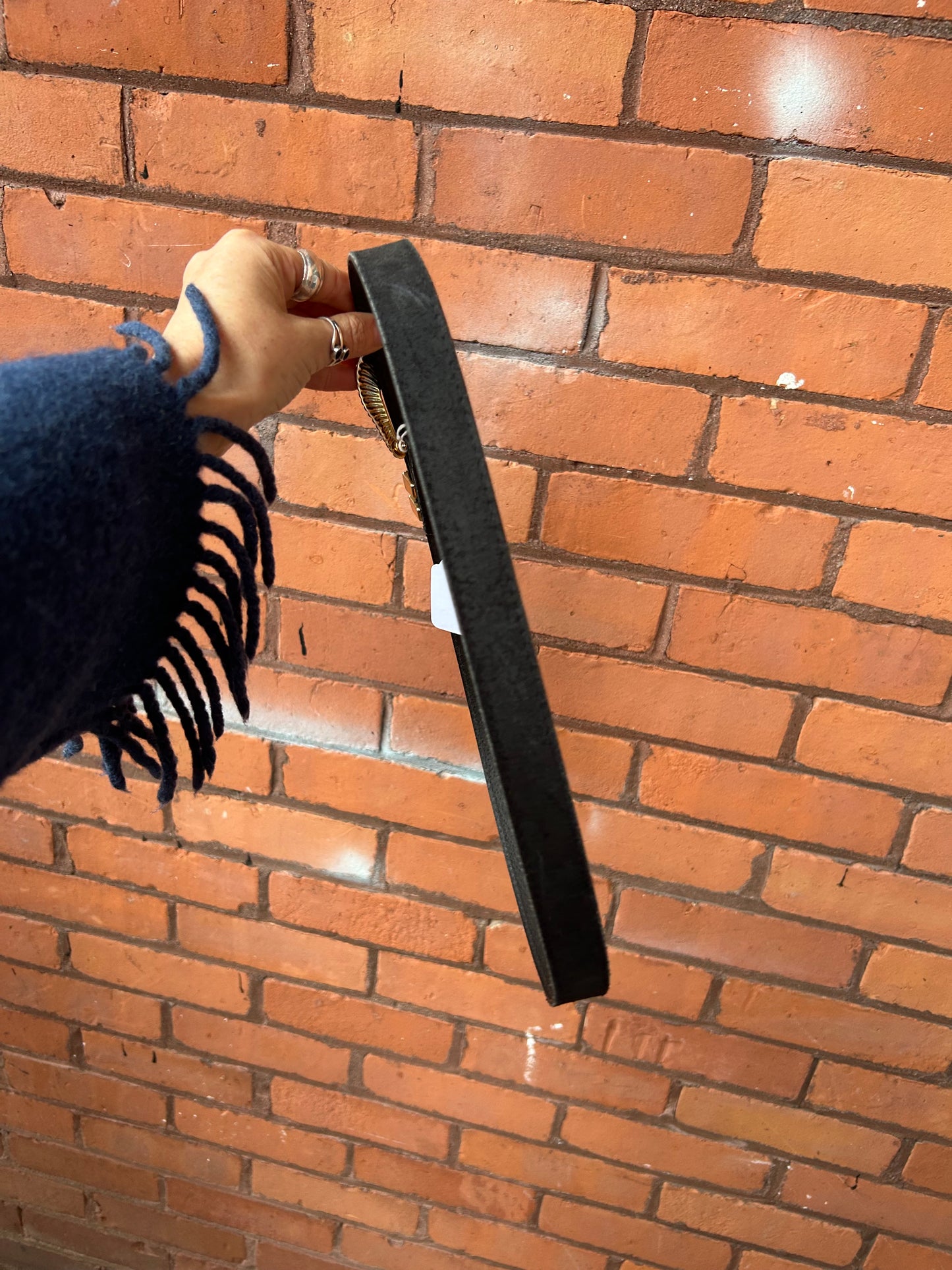 90’s Vintage Black Leather Gold Buckle Belt / 36-40 Waist