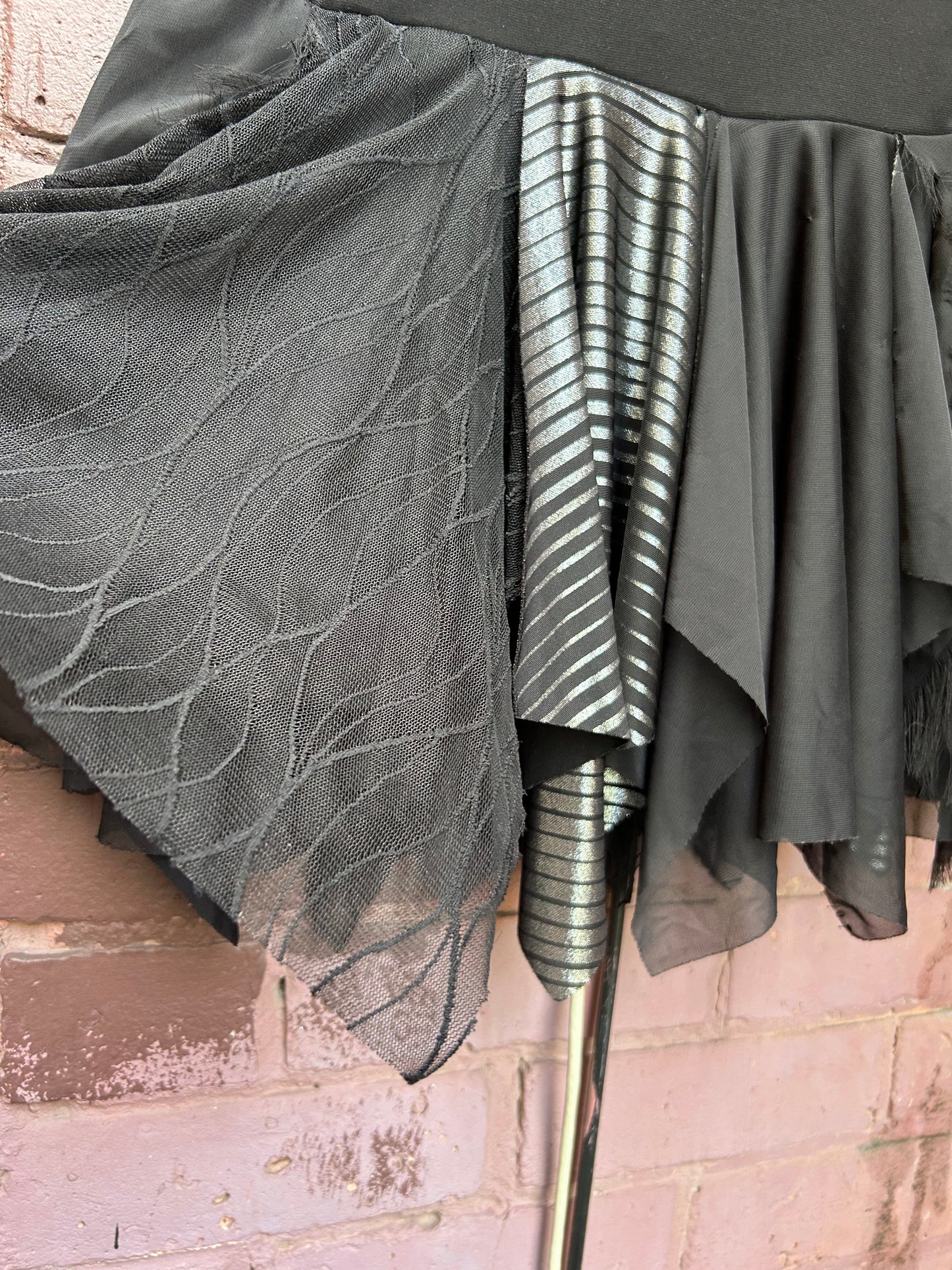 90's Vintage Black & Silver Drop Waist Scrappy Mini Skirt / 30-34 Waist