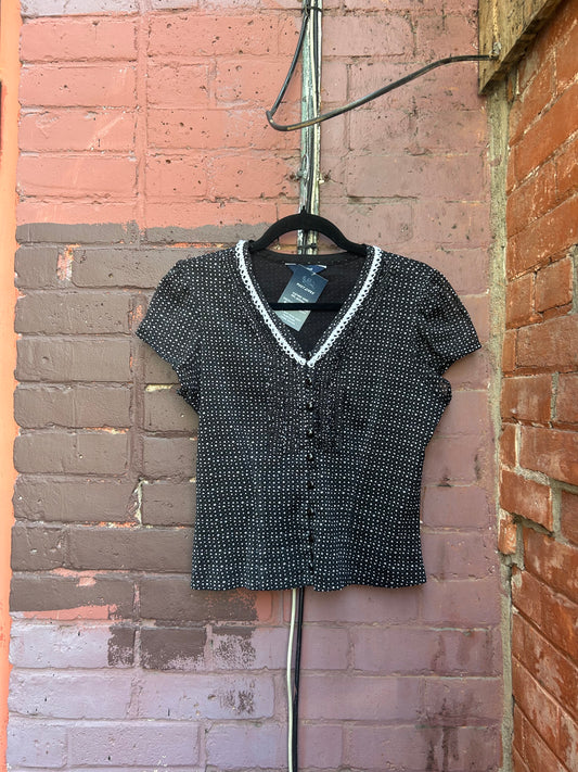 Y2K Vintage Black & White Mesh Button Down Fitted Short Sleeve Blouse / Size XS