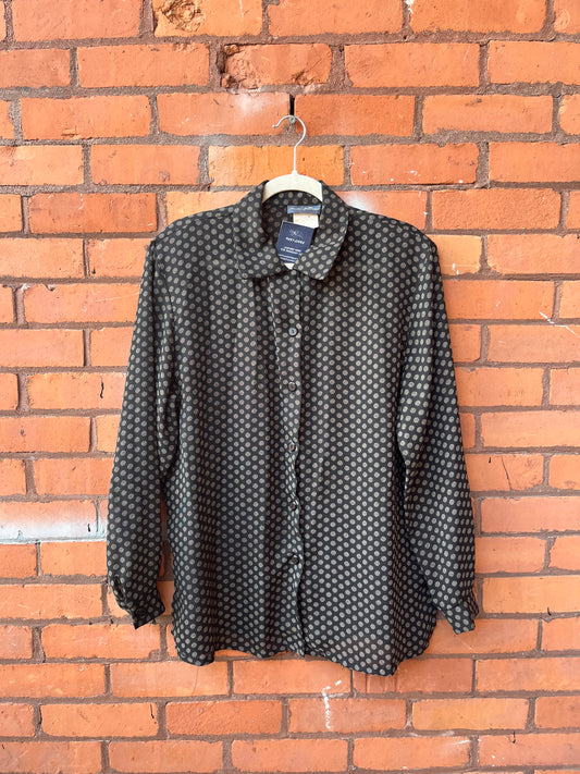 90’s Vintage Sheer Polka Dot Button Down Blouse / Size XL