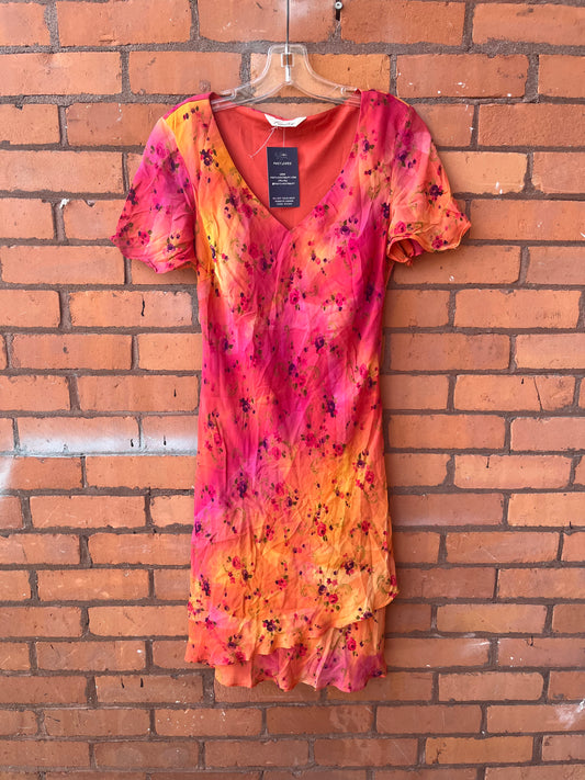 90’s Vintage Pink & Orange Bright Floral Midi Dress/ Size S