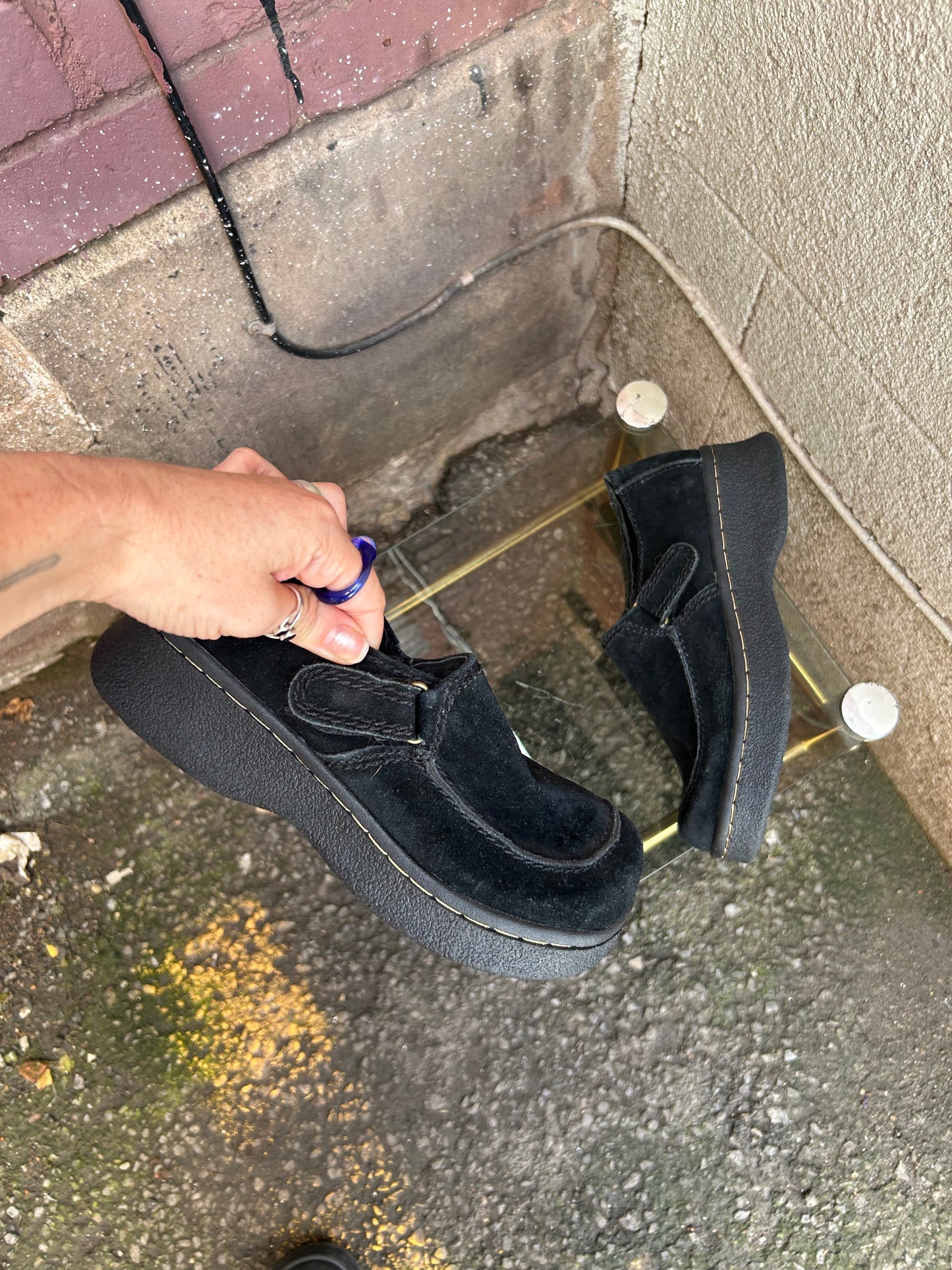 90's Vintage Black Suede Chunky Slip On Loafers / Size 6