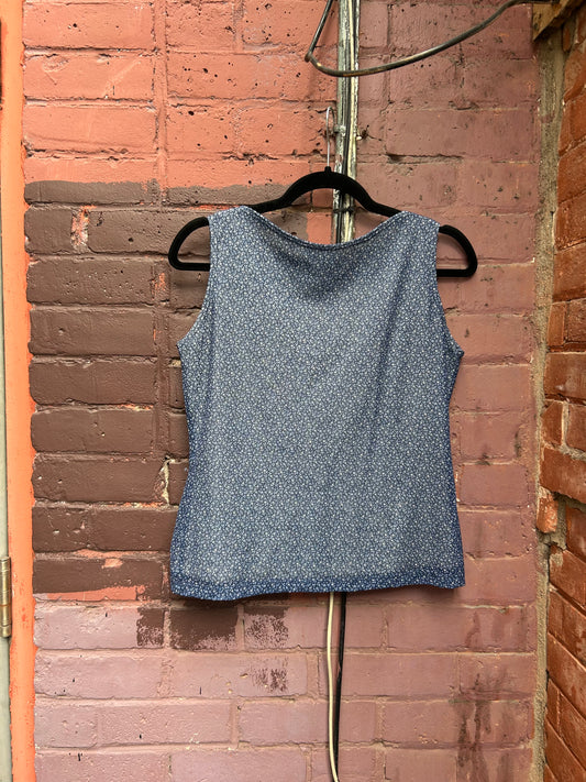 90's Vintage Blue Dainty Floral Mesh Overlay Tank / Size S