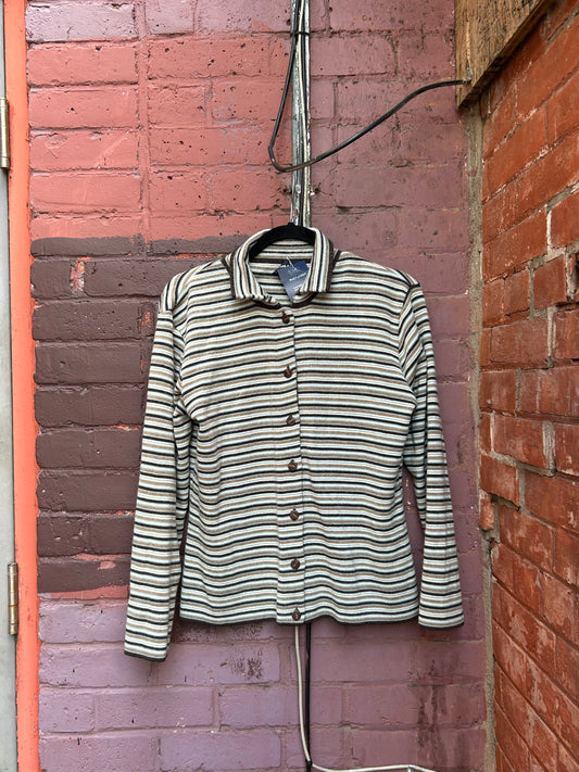90's Vintage Brown & Blue Striped Wool Blend Cardigan / Size M