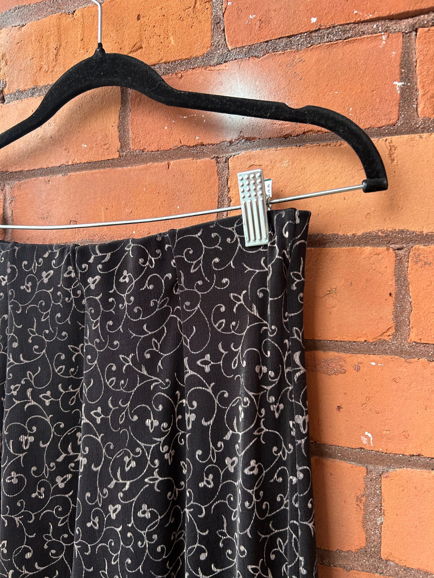 90's Vintage Black & Lavender Vines Slinky Maxi Skirt / 26 - 30 Waist