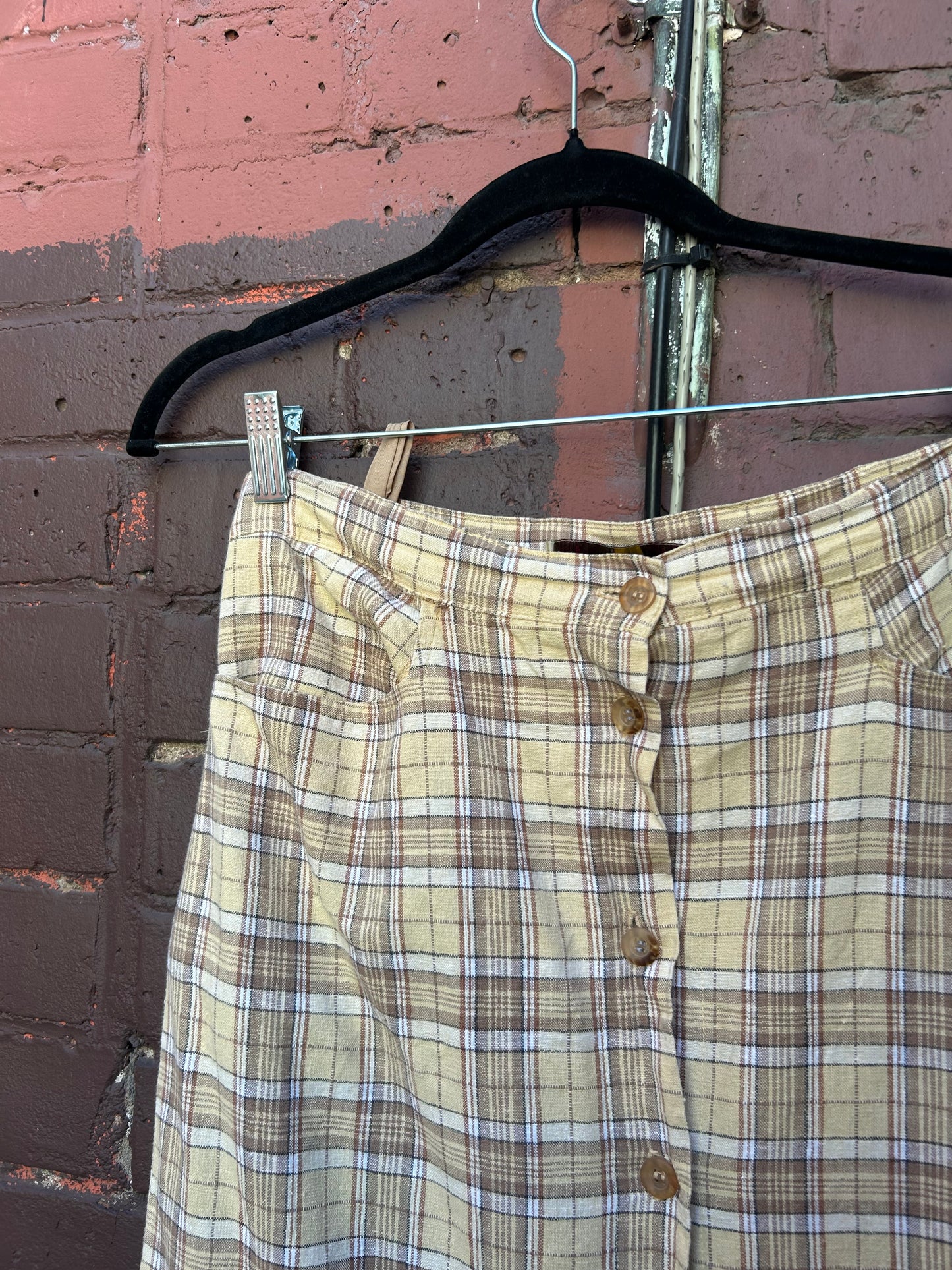 80’s Vintage Plaid Linen Button Down Skirt / 28 Waist