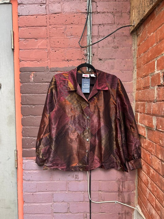 90's Vintage Purple Patchwork Print Witchy Blouse / Size L