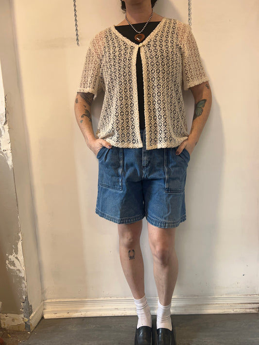 90's Vintage Cream Knit Sheer One Button Blouse / Size L