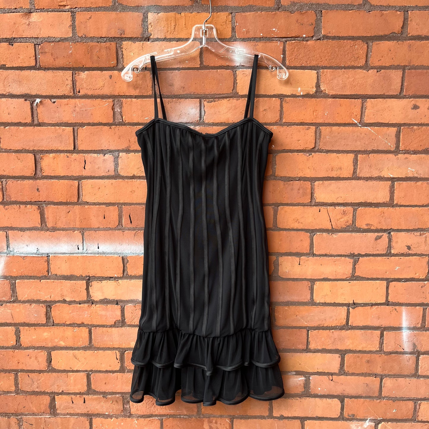 90’s Vintage Black Ruffle Midi Dress / Size 10-12