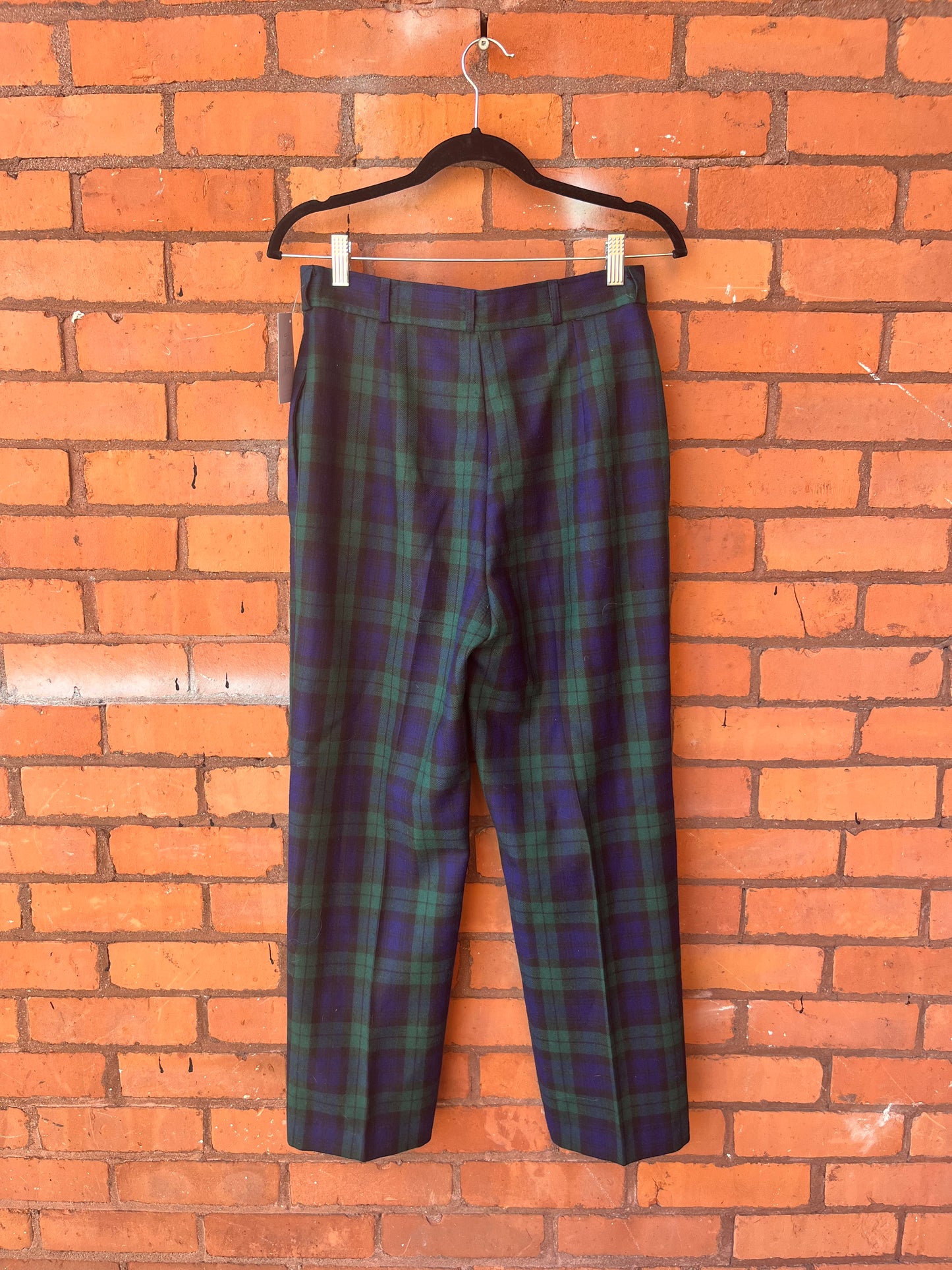 90’s Vintage Green & Navy Plaid Wool Trousers / 29 Waist
