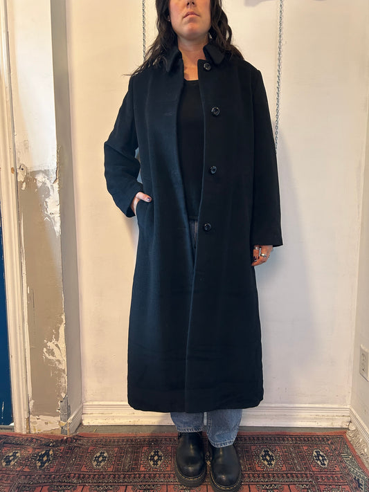 90’s Vintage London Fog Black Wool Maxi Top Coat /  Size M-L