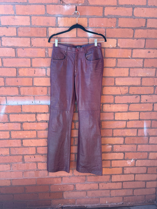 90’s Vintage Burgundy Leather Flare Pants / 28 Waist