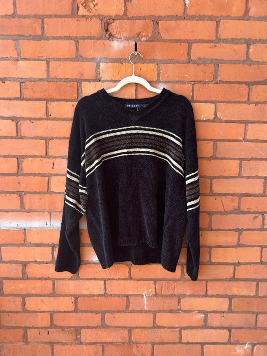 90’s Vintage Black Striped Chenille Sweater / Size XL