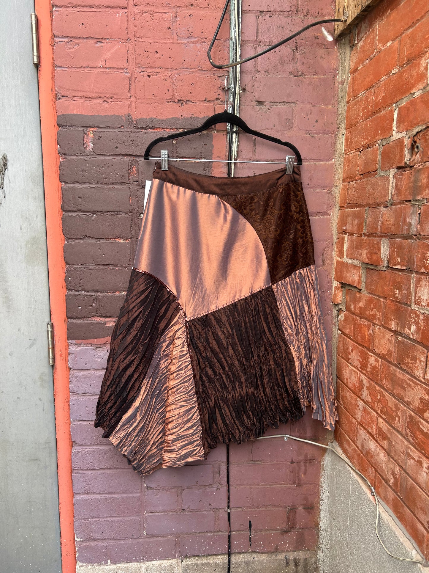 Y2K Vintage Asymmetrical Brown Taffeta Patchwork Skirt / 31 Waist