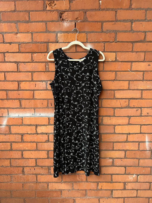 90’s Vintage Black & White Floral Slinky Midi Dress / Size 16-18