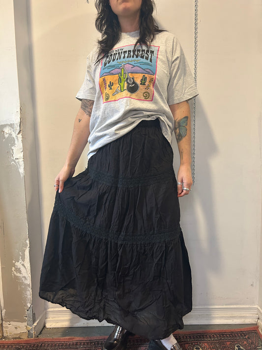 Y2K Vintage Black Cotton Tiered Maxi Skirt / 30 - 34 Waist