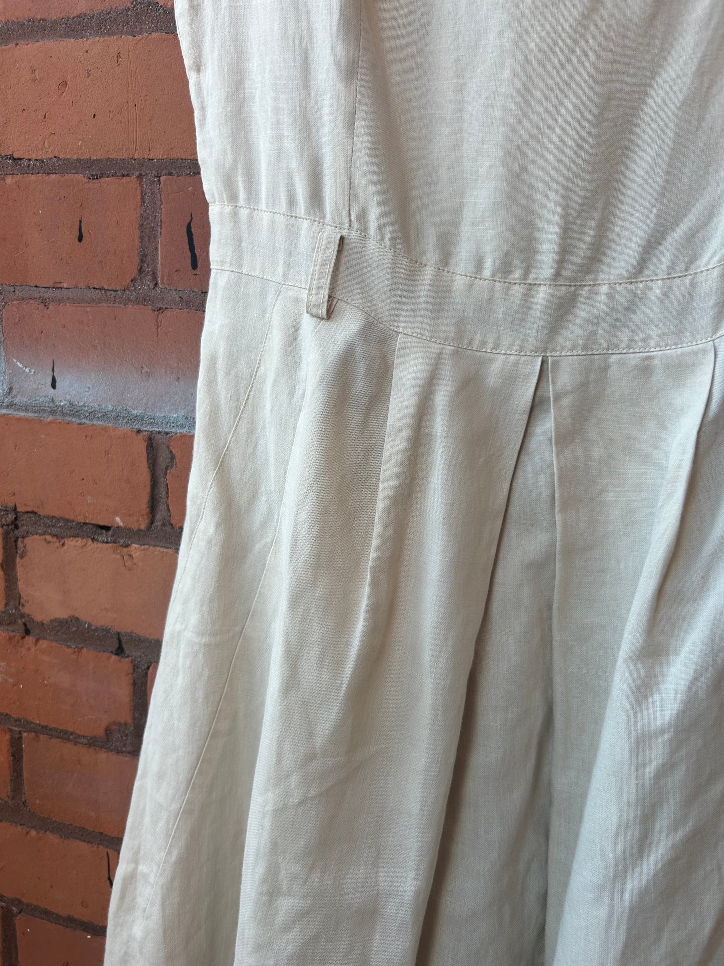 90’s Vintage Beige Linen High Neck A-Line Midi Dress / Size 8-10