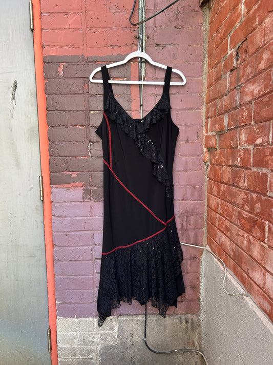 90's Vintage Black Lace & Red Stitch Midi Dress / Size XXL