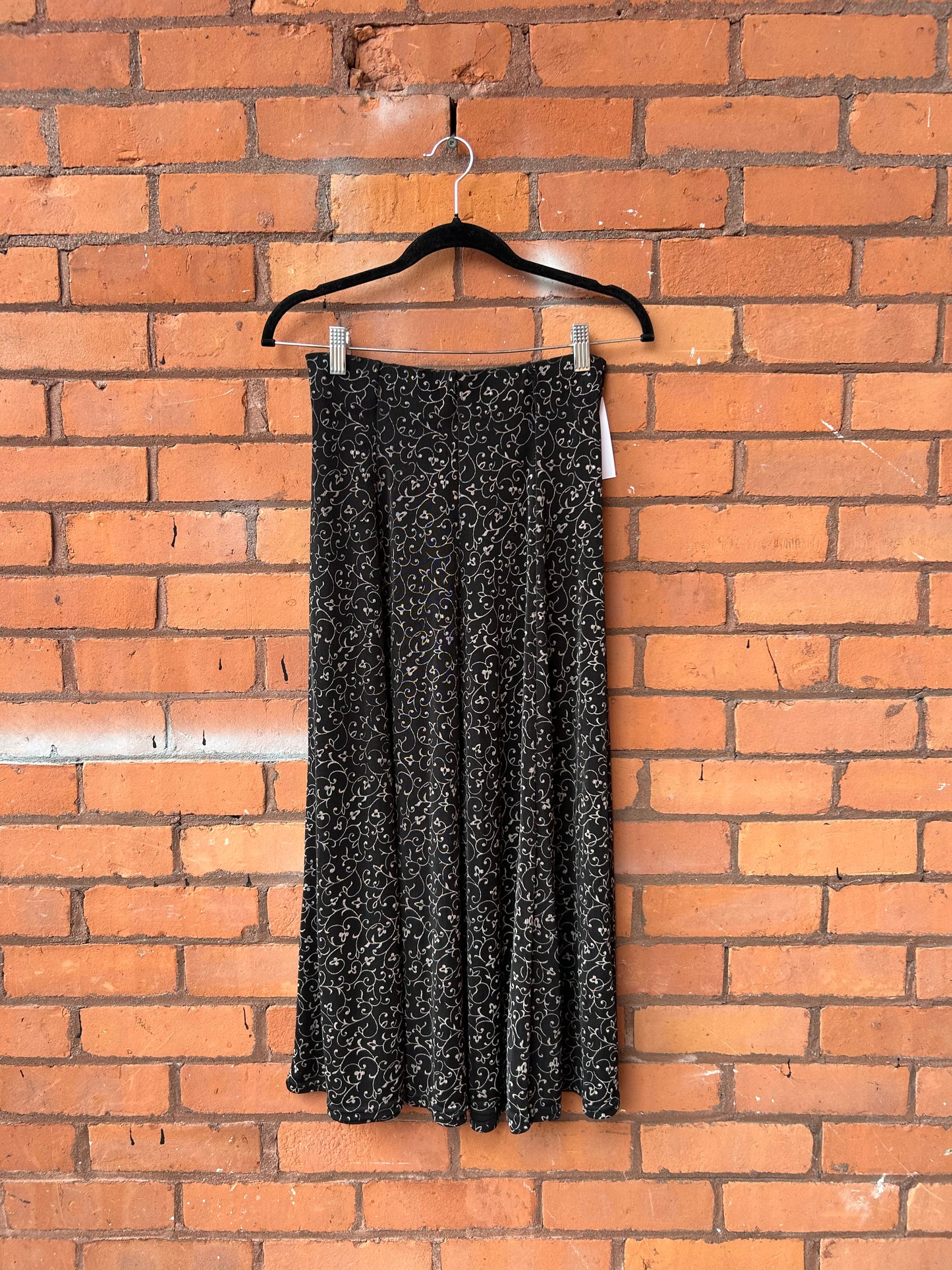 90's Vintage Black & Lavender Vines Slinky Maxi Skirt / 26 - 30 Waist