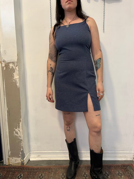 90’s Vintage Blue High Neck Mini Dress / Size 8-10