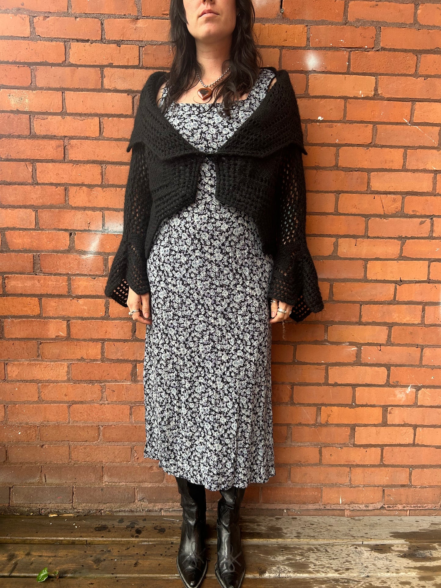 Y2K Vintage Witchy Black Mohair Crotchet Cardigan / Size XL