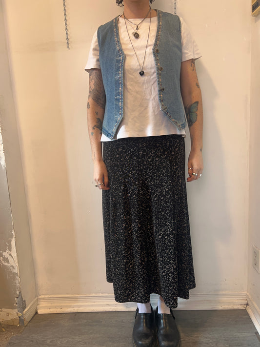 90's Vintage Black & Lavender Vines Slinky Maxi Skirt / 26 - 30 Waist