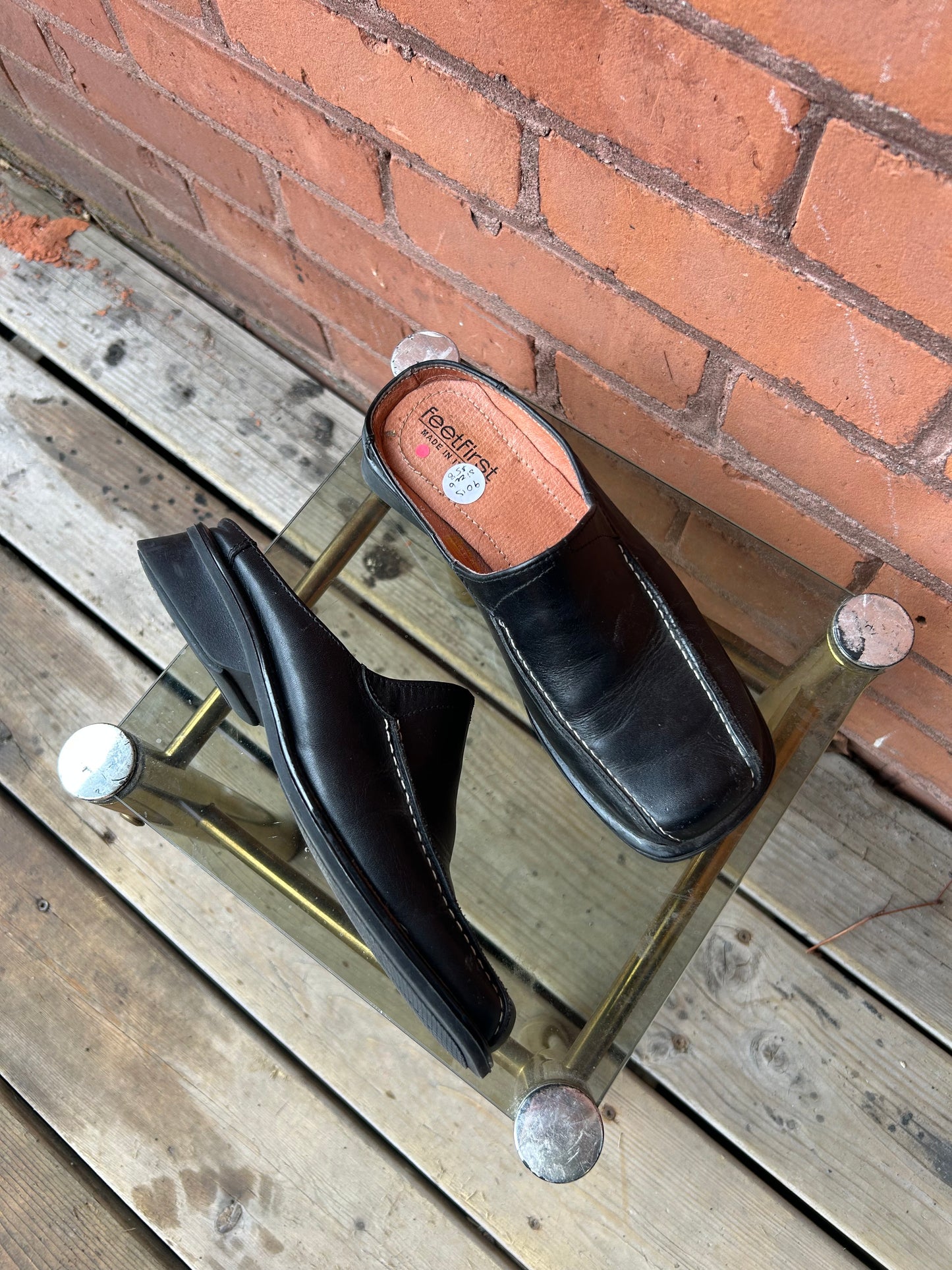 90's Vintage Black Leather Square Toe Mules / Size 6
