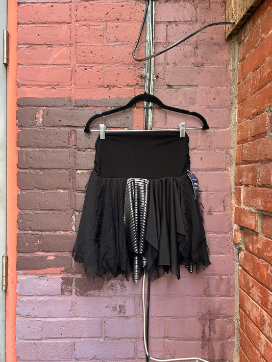 90's Vintage Black & Silver Drop Waist Scrappy Mini Skirt / 30-34 Waist