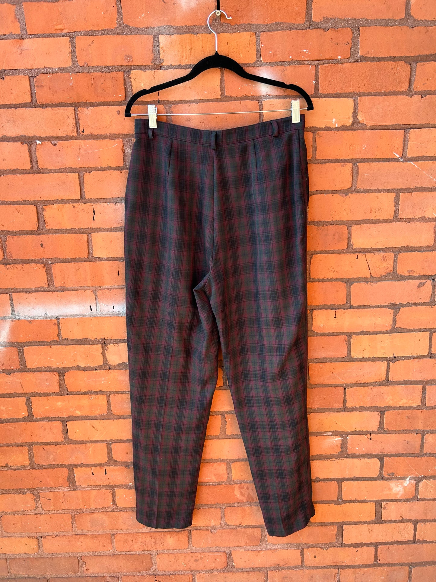 90’s Vintage Burgundy & Green Plaid High Waist Pleated Trousers / 32 Waist