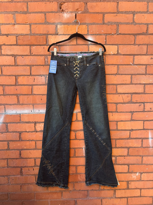 Y2K Vintage Parasuco Distressed Lace Up Low Rise Flare Jeans / 30 Waist