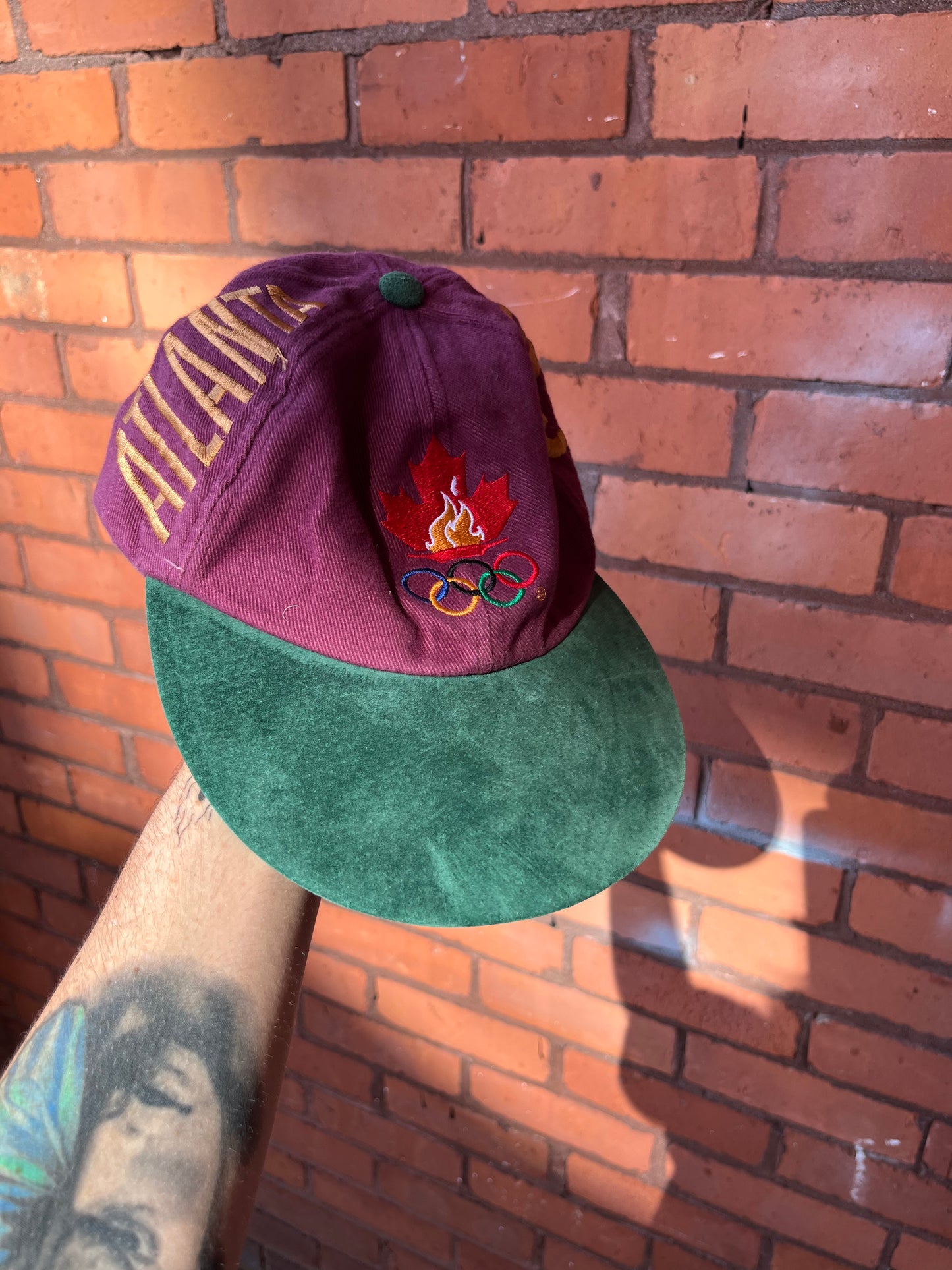 1996 Vintage Atlanta Olympics Burgundy & Green Suede Cap Hat / O/S