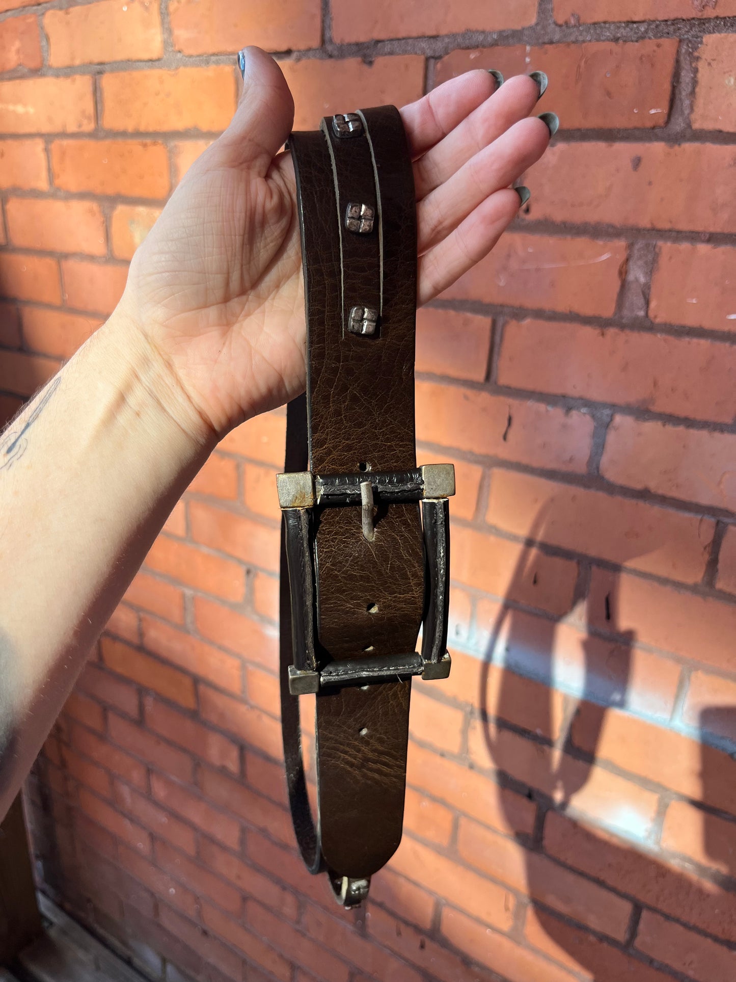 Y2K Brown Leather Chunky Studded Belt / 32-38 Waist